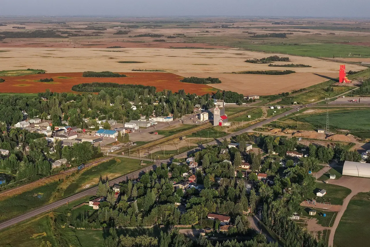 Aerial view of Stoughton and surrounding farmland, 2020s