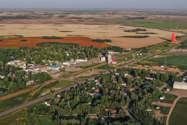 Aerial view of Stoughton and surrounding farmland